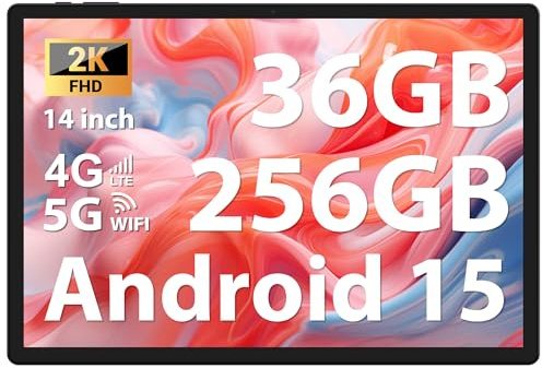 FASTWD Tablette 14 Pouces Android 15 Tablette Tactile avec 4G LTE/5G WLAN,Octa-Core,11580mAh/20W/36GB+256GB/TF 1TB/13MP+8MP/GPS/GMS,Étui, Stylo Inclus,Noir