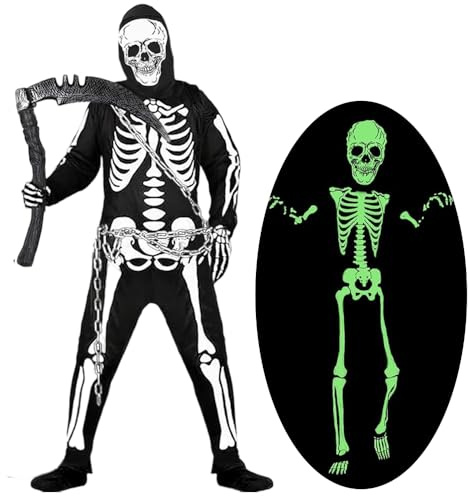 Yi'antai Squelette Costume Enfants Ensemble, Halloween Déguisement Squelette avec Os Masque Gants, Glow in the Dark Garçons Filles, Costumes Faucheuse Grim Reaper avec Fauce Chaîne