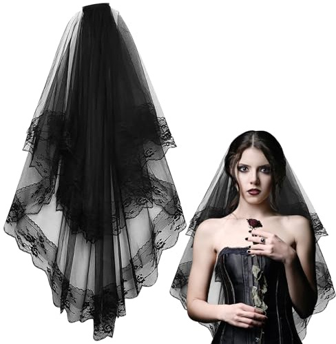 CHONGQILAO Velo de Novia de Encaje Negro, Velo de Encaje de Halloween de 2 Niveles para Mujeres y Niñas, Velos para Mujer con Peine para Halloween, Carnaval, Boda, Cosplay