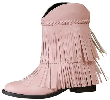 Vrist västernstövlar kvinnor tofs enfärgade mode spetsig tå bred passform cowboy stövlar kvinnor läder låg klack dra på damer promenadstövel plus size bekväm varm vinterstövel, Röd, 38 EU