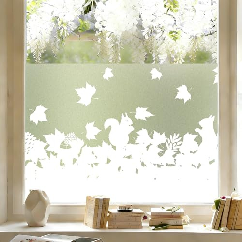 dktie Statisch-haftende Fensterfolie, Weiße Blickdichte Sichtschutzfolie, Anti-UV, Mattiertes Material, Mit Ahornblatt- und Eichhörnchenmustern, Geeignet für Wohnzimmer, Küchen und Büros, 44,5x200cm