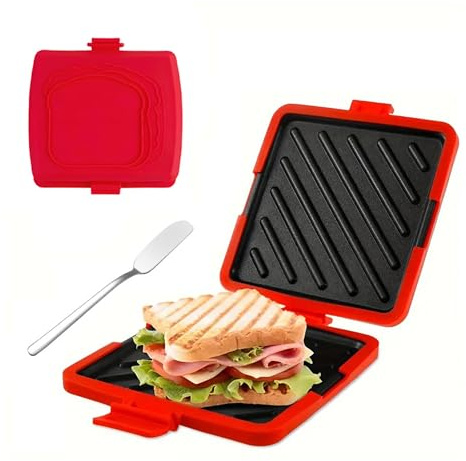 Tostadora y sandwichera para microondas, sandwichera para asar, utensilios de cocina de silicona aptos para microondas, apto para lavavajillas (rojo)