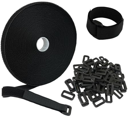 - GUIDEZA® Sujetacables Reutilizable Cinta de Gancho y Bucle 12m x 2cm Color Negro/Bridas reutilizables con 60 Hebillas de Plástico, Rollo de Cinta Organizadora de Nylon Resistente