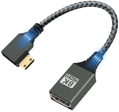 GELRHONR 8K Mini HDTV to HDTV 2.1 Adapter,8K@120Hz 4K@60Hz Male to Female Nylon Braided Short Adapter Cable for Camera,Ras//pberry Pi,Laptop,TV,Monitor,15cm (Left Angle)