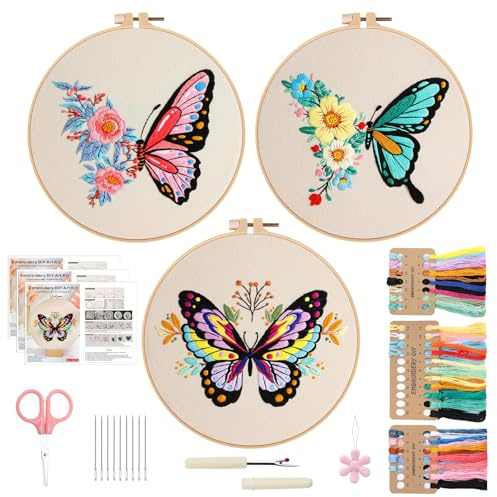 VynyQoo 3pcs Handbroderisats för Vuxna, Broderisats för Nybörjare, Broderi Startkit för Att Lära Sig 40 Olika Stygn, Broderikit Stygn Nybörjare, Broderistartkit med Fjärilsmönster och Instruktioner