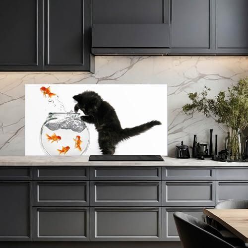 banjado Küchenrückwand Glas ohne Bohren 110x55cm – Glasrückwand Küche mit Motiv Katze Und Fisch/Spritzschutz Küchenrückwand Glas/selbstklebende Küchenrückwand Platte - magnetisch & beschreibbar
