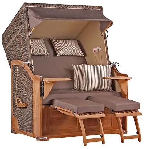 MR. DEKO® Strandkorb Seeblick 2-Sitzer Teakholz | PE Geflecht Grey | Volllieger verstellbar mit Fußablage | inkl. 4 Kissen + Wechselpolster | Strandkörbe Teak fertig montiert Strandstuhl (Dessin 534)