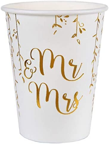 Party-Becher/Papp-Becher/Einweg-Geschirr MR & MRS weiß & gold Hochzeits-Dekoration Hochzeit-Accessoires Garten-Hochzeit Zubehör Sektempfang 30 Becher