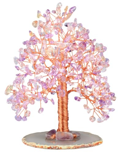 Nupuyai Amethyst&Citrin Edelstein Baum Achat Scheibe Basis Geldbaum Deko | Lebensbaum Edelstein Figur, Heilstein Feng Shui Deko für Zuhause Büro, Glücksbaum Hochzeitsgeschenk Damen