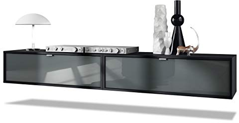 Vladon 2er-Set TV Board Lana 100, Made in Germany, Lowboards je 100 x 29 x 37 cm mit viel Stauraum, Korpus in Schwarz matt, Fronten in Grau Hochglanz | Große Farbauswahl