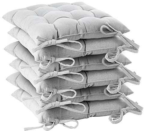 Harbour Housewares Grey Seat Pads for Dining Chairs - 40 x 40cm - Pack of 6 - Square Garden Seat Cushions with Ties Soft Padded Pillow Indoor Kitchen Cushion Outdoor Patio Garden Chair Pads