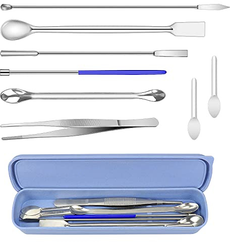 Dreamtop 8 Stück Edelstahl Mikro Spatel Laborspatel Mikro Schaufel Satz Kapsel Füllung Labor Probenahme Löffel Mischspatel mit Pinzette für Pulver Gel Kappen Füller