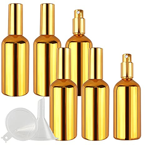 ZEOABSY 6 Stück 100ml UV-Beschichtetes Gold Glas Sprühflaschen & 1 Stück Trichter, 100 ml Leer Glas Nachfüllbar Zerstäuber Sprayflasche Reisen Heim Parfumzerstäuber