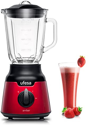 Ufesa BS4100 Amber Red Frullatore da Tavolo Compatto, 900 W, Caraffa in Vetro da 0.8 L, 2 Velocità + Pulse, 4 Lame Inox, Chiusura Ermetica, Tritaghiaccio, Senza BPA, Inox Rosso, Esclusiva Amazon