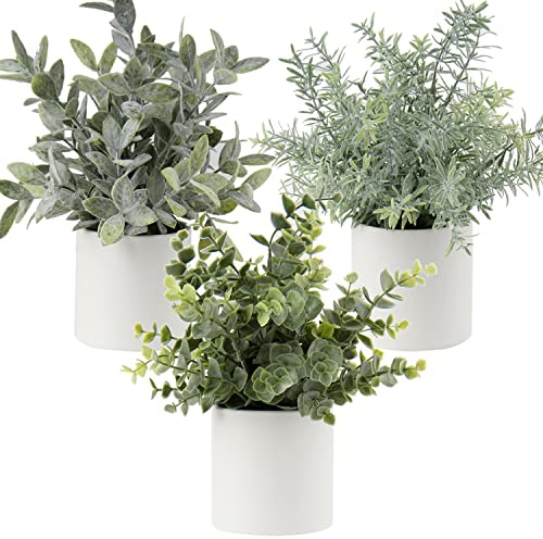 3PCS Artificial Plants Indoors, Decorative Fake Plants in Ceramic Pots, Set of 3 Small Plastic Faux Plants for Home, Office, Table, Desk, Shelf, Windowsill, Living Room, Bedroom, Kitchen Decorations