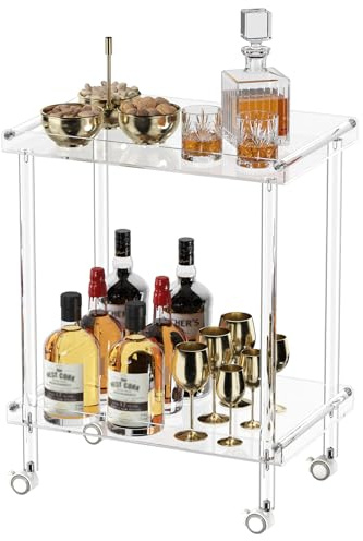 HMYHUM Acrylic Bar Cart, Rolling Serving Cart with 4 Lockable Wheels for The Home Bar, Kitchen, Living Room, Modern, 2-Tier, 23.6 L x 15 W x 30 H, Clear