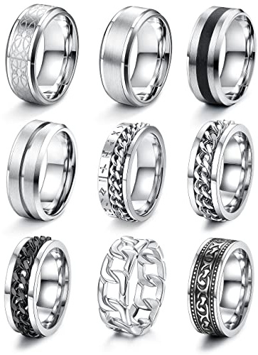 JeweBella 9 Piezas Anillos Acero Inoxidable Plata Pulida - Nudo Celta Vikingos Vintage con Cadena Negra Góticos de Compromiso y Amistad