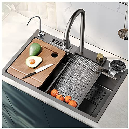 Einzelschale Küchenspüle 304 Edelstahl Schüssel Bar Waschbecken Mehrzweckspüle Mit Wasserhahn Ablaufarmatur Becherglasche Drop In Oder Unter Mount (Color : Gun Grey, S : 68x46x22cm)