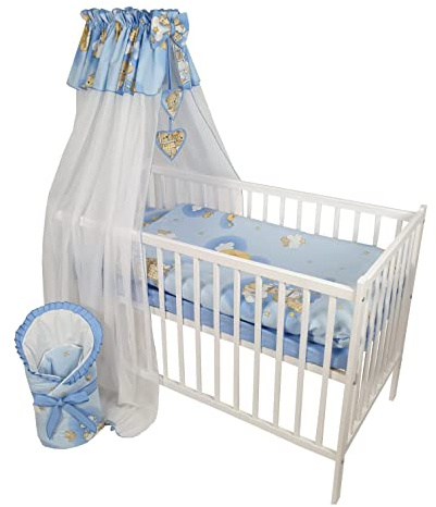 Bello24 - 12 Teiliges Babybett Kinderbett und Bettwäsche komplett Set Happy höhenverstellbar für Neugeborene Babys und Kleinkinder aus Massivholz (Blau - Teddybär auf Leiter)