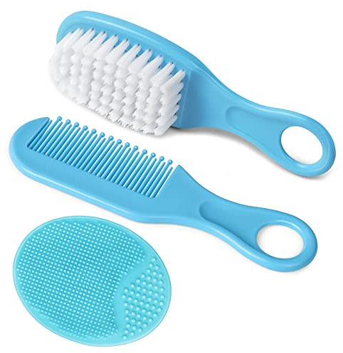 Aolso Baby Haarbürste und Kamm Set, 3 Stück Baby-Haarbürste mit Weichen Borsten, Ideal für Cradle Cap für Neugeborene & Kleinkinder-blau