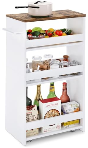 TEAMIX 4 Tier White Slim Storage Cart with Handle, 7.9''W Slide Out Storage Rolling Utility Cart Mobile Shelving Unit Organizer Trolley for Small Spaces Kitchen Laundry Narrow Places