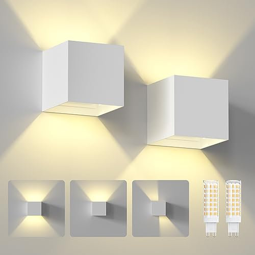 ChangM 2 Piezas Aplique Exterior Pared 7W Lámpara de Pared Led, Con Haz de Luz Ajustable, Lámpara de Pared IP65 Negra, Con Bombilla LED G9 Reemplazable, Carcasa Blanca