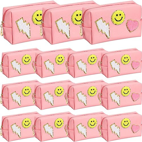 Silkfly 15 Stück adrette Patch-Make-up-Tasche, Großpackung zum Jahresende des Jahres, Geschenk für Lehrer, Kosmetiktasche, Smiley, Lightning, Herz, PU-Leder, tragbar, wasserdicht