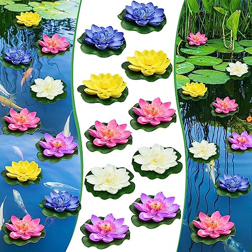 EMAGEREN 10 PCS Artificial Lotus Foam Flower Floating Lily Pads for Pond Pool Aquarium Decoration - Realistic Water Lilies in 5 Colors