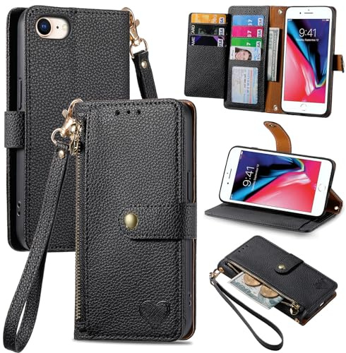VEEMOS Handyhülle für iPhone 8/7 / iPhone SE 2020 2022 Hülle Klappbar Klapphülle Schutzhülle mit Kartenfach RFID Reißverschluss Handy Tasche Leder Flip Case Cover Handytasche Frauen - Schwarz