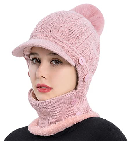 Rayson Kapuzenschal Damen Wintermütze mit Schirm Fleece Gefüttert Strickmützen 3 In 1 Verstellbarer Gesichtsschutz Balaclava für Damen(Rosa, Einheitsgröße)