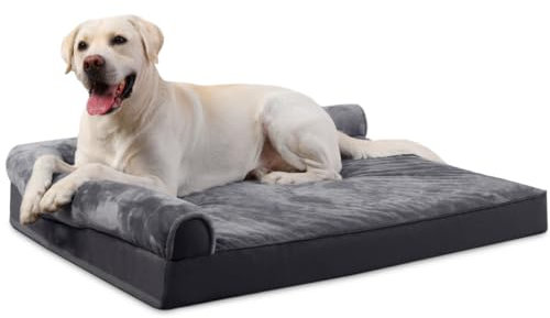 KSIIA Orthopädisches Hundebett Mittelgroße Hunde mit Zweiseitige Nackenrollen, Waschbarer Bezug, Hundesofa mit eierförmiger Kistenschaum und wasserdichtes Innenfutter, Hundecouch Bettchen, Grau