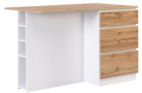 Vente-unique-Isla Central de Cocina con 6 cajones y 4 estantes de MDF - Natural Claro y Blanco - POMARELA