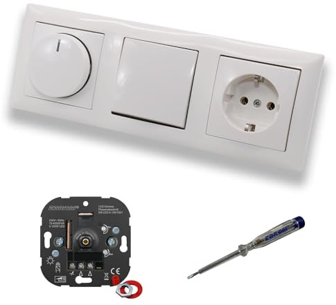 EBROM 1001 LED Drehdimmer Dimmer + Busch Jäger Dimmerscheibe 2115-914 + Taster 2020US + Steckdose 20EUC-914 Balance Si alpinweiß glänzend + EBROM Phasenprüfer z. Montage der Geräte