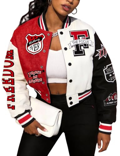 COZYPOIN Women's Varsity Jacket Cropped Letterman Jacket Lightweight Button Down Bomber Racer Baseball Y2K Coats Red