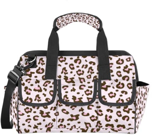 Borsa porta attrezzi da giardino, con stampa leopardata, multi-tasche, con apertura larga, resistente, impermeabile, con tracolla regolabile (stampa con pelle di animale)