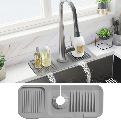 PoYang 14.6 Inch Faucet Mat for Kitchen Sink, Short Silicone Faucet Guard & Draining Mat, Grey