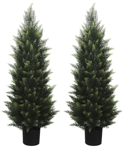 4FT Artificial Cedar Topiary Tree, Set of 2 | Lifelike Faux Cedar Pines, UV Rated, Evergreen Plants, Front Porch Outdoor Decor
