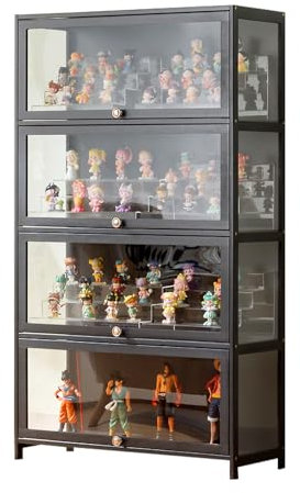 Acryl Vitrine Sammlervitrine Bücherregal Mit Türen Display Case Design Mit Aufklappbarer Schranktür, Dreiseitig Transparent, Mehrschichtig, Großes Fassungsvermögen, Pflegeleicht 80×32×140cm black