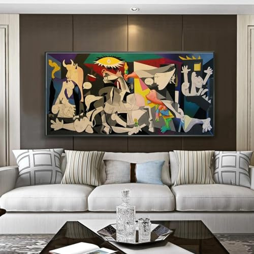 HOLEILUCK Picasso Guernica Berühmter Druck auf Leinwand, Kunstdrucke, Picasso, große abstrakte Leinwand-Wandkunstbilder für Wohnzimmer, 65 x 145 cm/26 x 57 Zoll, mit schwarzem Rahmen