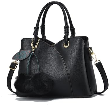 NICOLE & DORIS Damen Handtasche Elegant Umhängetasche Mode Schultertasche Bommel Henkeltasche PU Leder Wasserdicht Tote Tasche mit Vielen Fächern Schwarz