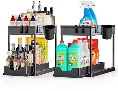 JUPPLIES Pack 2 Organizador Bajo Fregadero 2 Niveles - Organizador Cocina Extraíble Estante Almacenamiento con 2 Cestas Colgantes y 4 Ganchos - Cocina, Baño y Hogar - Negro - 2 Unidades