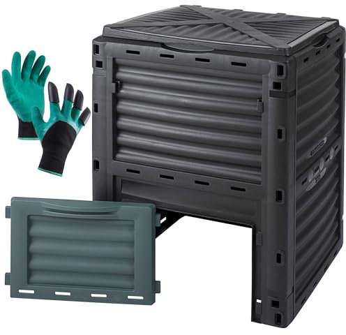 Vencier Eco-Friendly Garden Composter Bin with Gloves - 300 Litre Plastic Composting Waste Box for Recycling, Storage, Black
