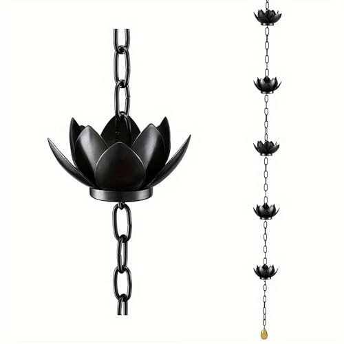 Regenketten, schwarzes Lotus-Regenketten-Set, 120 cm, pulverbeschichtet, rostbeständig, Regenkette, 12 Tassen, Lotus-Regenfängerkette als Ersatz für Dachrinnen-Fallrohr, Umleitung von Wasser und