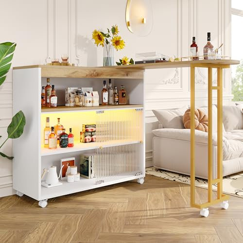 ZYLOYAL10 Utdragbart barbord med förvaringsutrymme, modernt rörligt barbord i L-E-D, bistrobord, högt köksbord, köksö, vitt (138–204 x 39 x 105 cm)