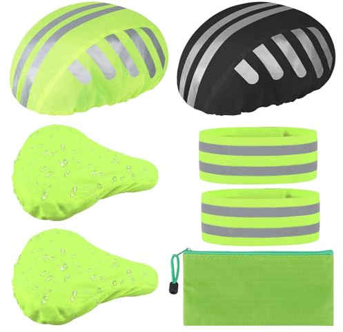 Dustproof Cycling Helmet Rain Cover, 2 Bike Seat Covers, Hi-Vis Armbands | Waterproof Green/Black Set Helps in Wet Weather, While Fluorescent Wristbands Improve Visibility for Commuting.