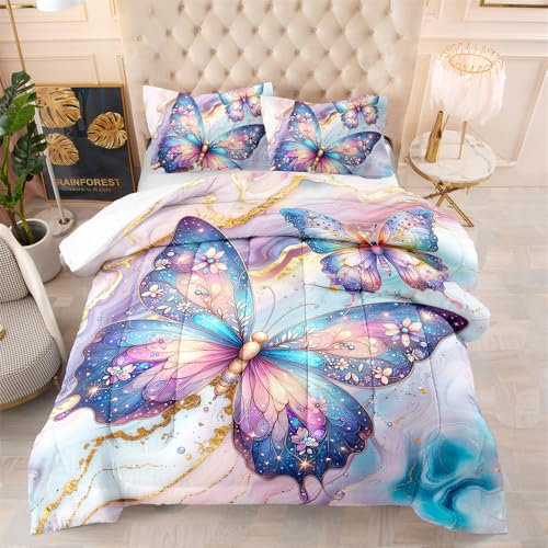 Bettdecke 140X200 Lila Schmetterling Bettdecken 200Gsm,Dünne Und Leichte Duvet,4 Jahreszeiten Bettdecken,Weiche Mikrofaser Bettdecke Mit 2 Kissenbezüge,Warm Steppbettdecke Für Allergiker