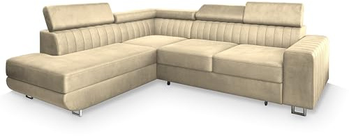 Masseno Ecksofa NOLA L-S mit Schlaffunktion L-Form, Klassisch Sofa mit Bettkasten, Wohnzimmersofa, Couch, Soffa, Bettsofa, Couchgarnitur - Creme, Monolith 04