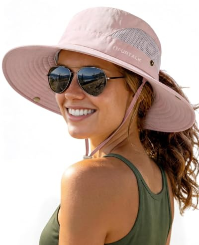 FURTALK Womens Sun Hat Beach Summer Wide Brim UPF 50+ Outdoor Protection Foldable Lightweight Ponytail Bucket Hat Pink, One Size