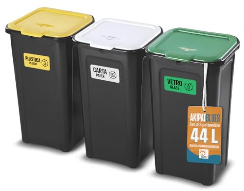 AKITAInk - Set 3 Pattumiere 44 litri per un totale di 132 lt. AKIPATBLUES - 3 Bidoni Raccolta Differenziata, Secchi spazzatura per Differenziare e ordinare Casa e Ufficio, Made in Italy