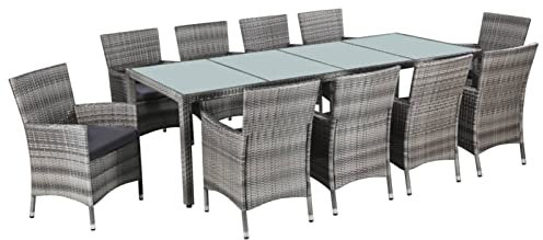 Rantry 11-TLG. Garten-Essgruppe mit Kissen Poly-Rattan Grau Gartenmöbel Set Möbelsets Balkonmöbel Sitzgruppe Gartentisch mit Stühle Terrassenmöbel Möbel für Garten Balkon Terrasse